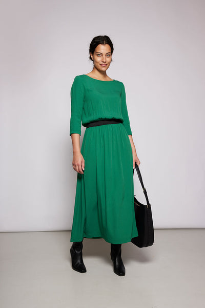 grünes langes Kleid Damen mit schwerem Gummizug tailliert