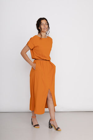 Midikleid orange A-Linie fließend Damen aus Lyocell