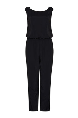 Jumpsuit schwarz Damen schmales Bein V-Rücken Gummizug Taille